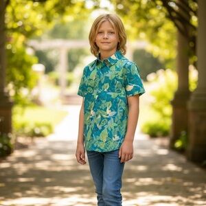 All in Motion Kids Green Leaf Print Button Down Shirt